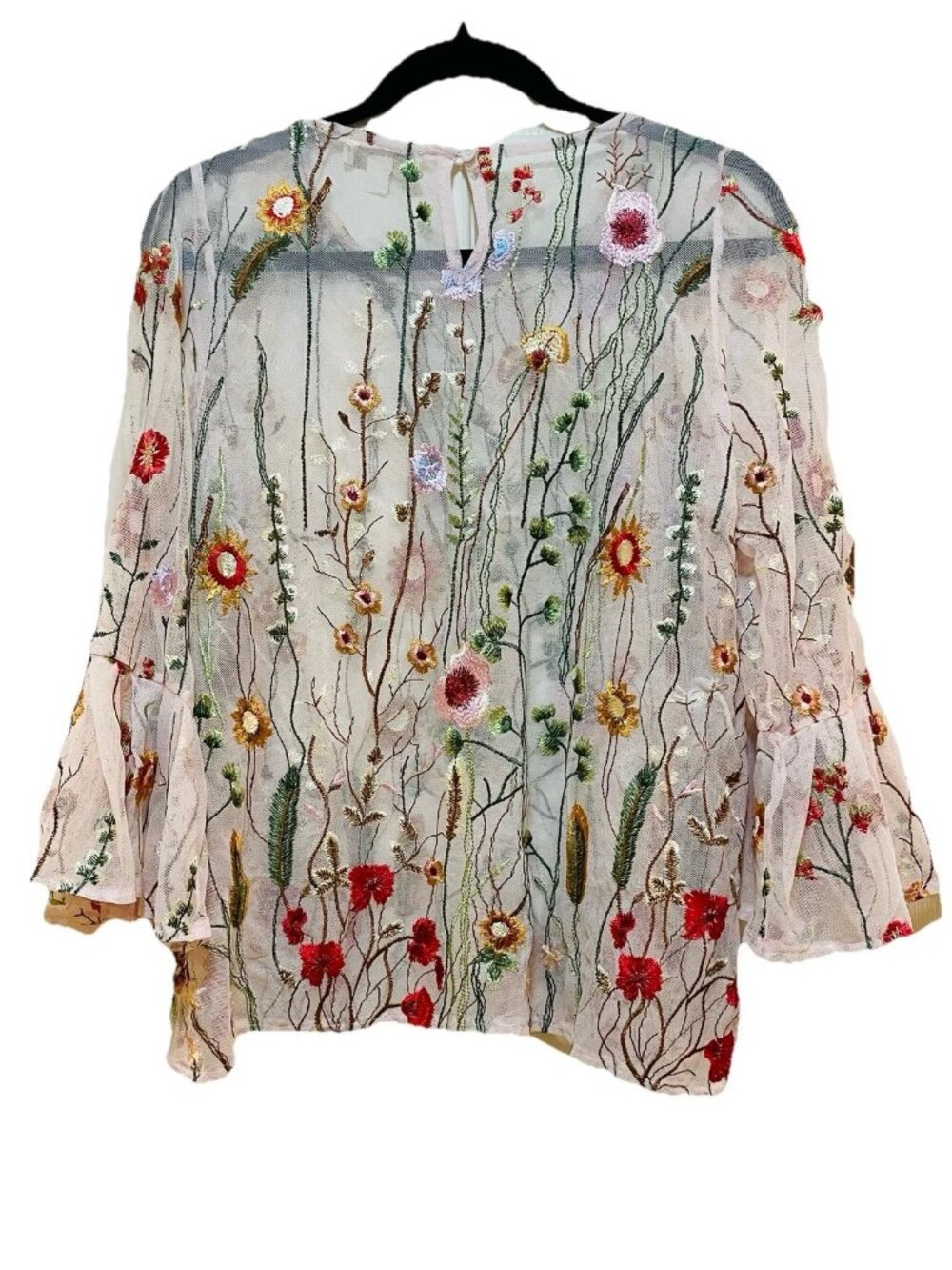 CYNTHIA ROWLEY Cream Floral Embroidered Mesh 3/4 Length Sleeve Shirt Sz M - Picture 7 of 7